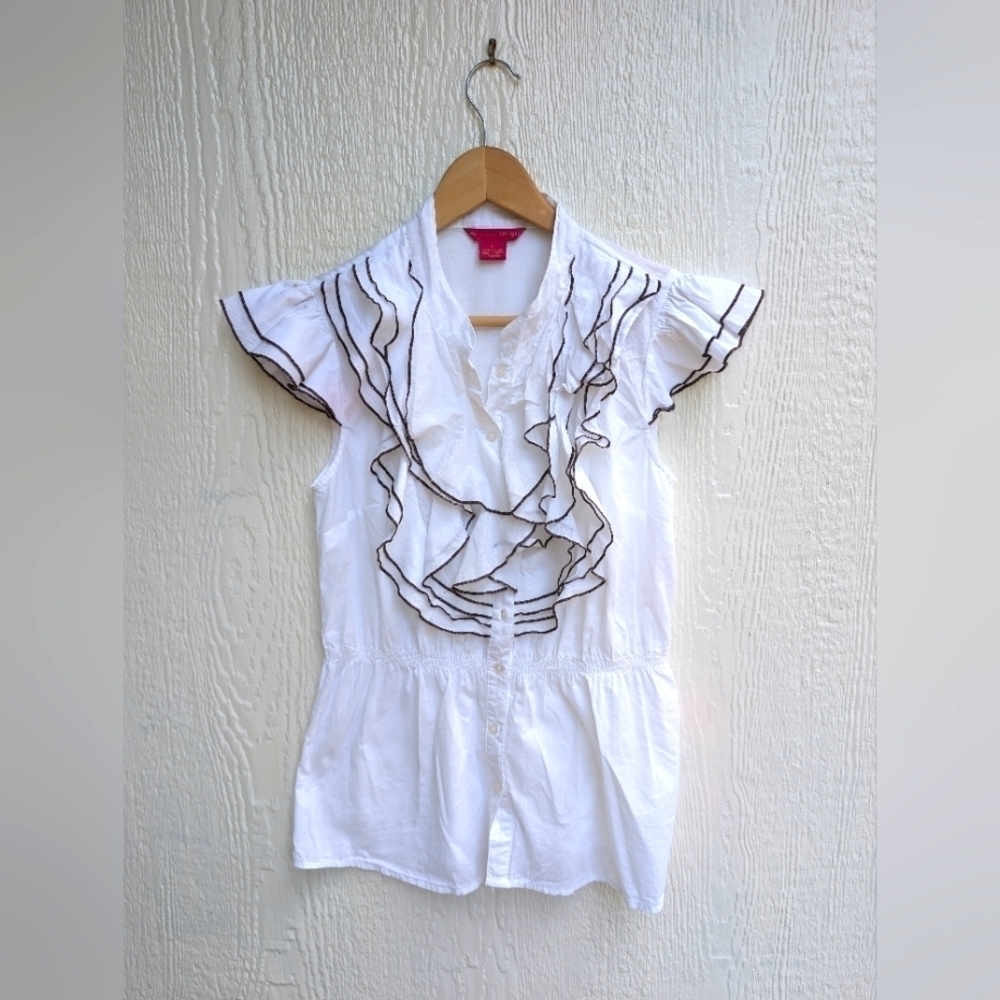 Sunny Leigh 100% Cotton Ruffle Button Up Short Sleeve Blouse Top Size Small